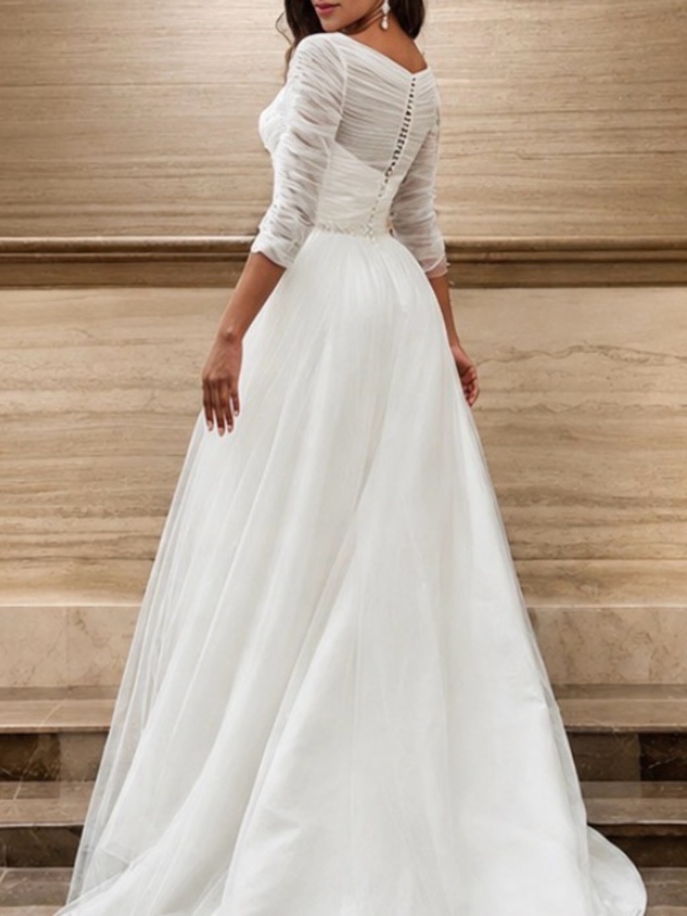 White 3/4 Sleeve Bridal A-Line Tulle Gown - Picture 2 of 6